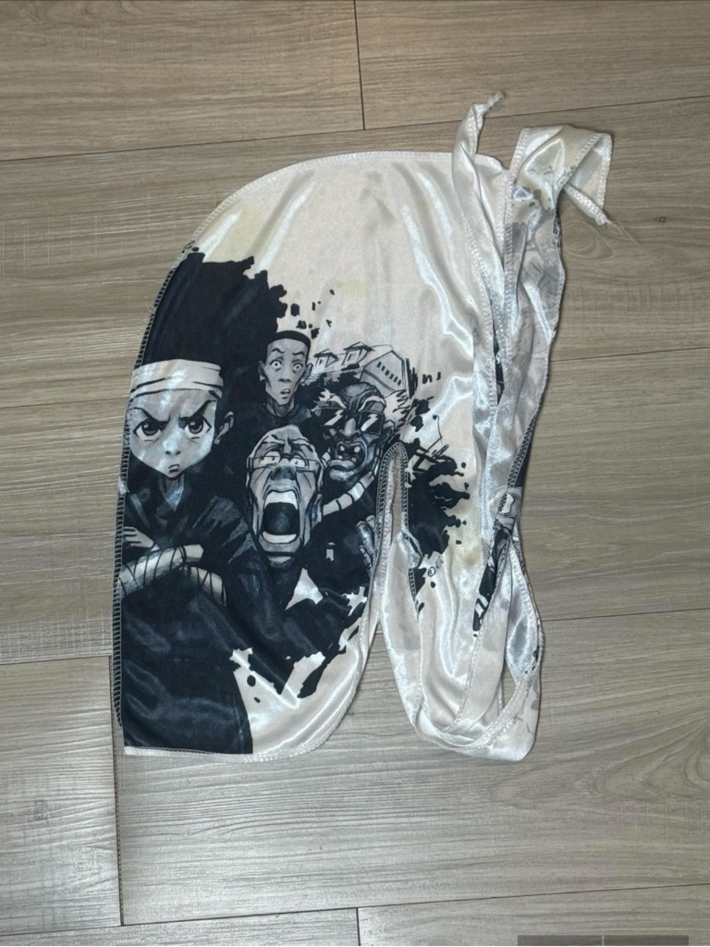 Graphic Satin Durag with Black and white Anime Print